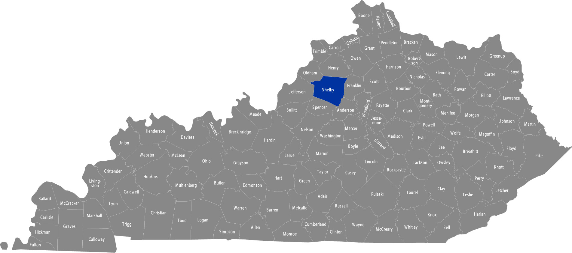 State of Kentucky map with Shelby County highlighted